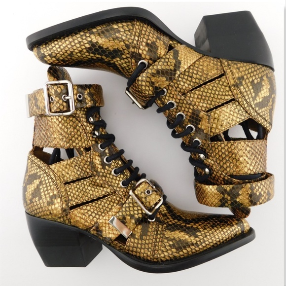 New CHLOE Metallic Gold Python Snake Caged Block Heel Buckle Strap Booties 36.5 - Picture 5 of 8
